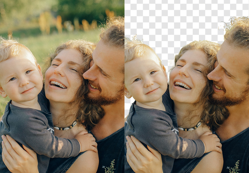 Aiarty Image Matting family portrait before and after — complex curly hair edges preserved after background removal
