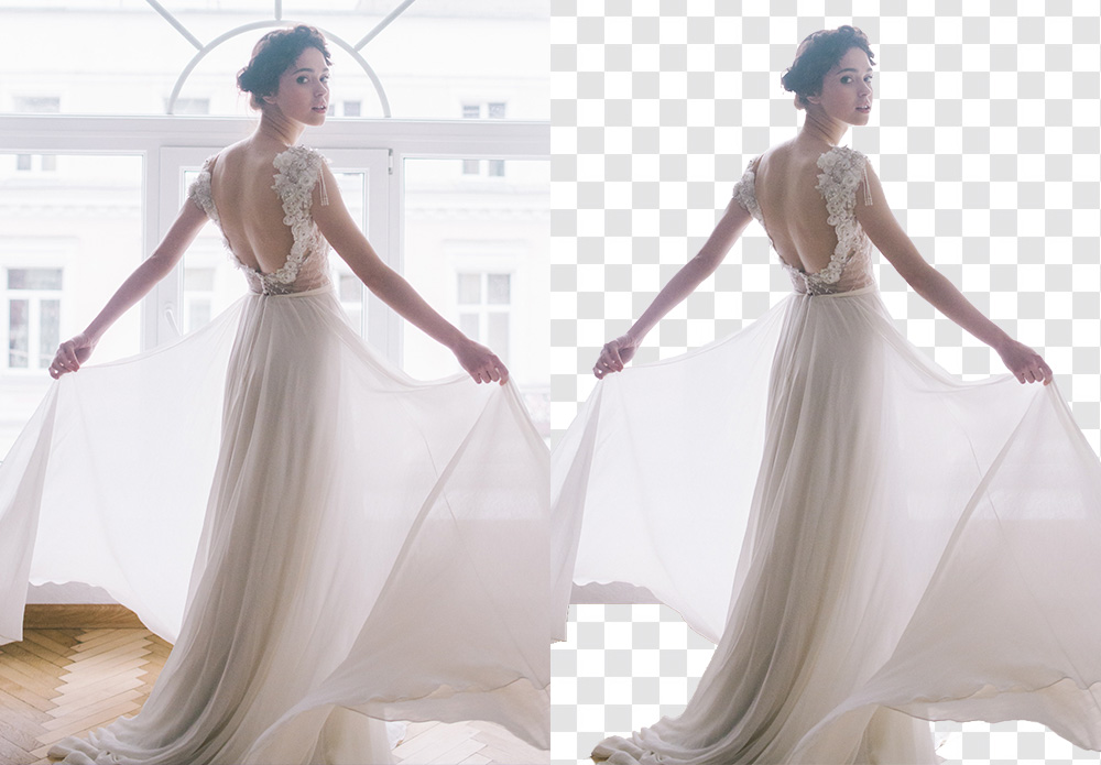Aiarty Image Matting before and after — wedding dress background removal showing preserved fabric and lace detail