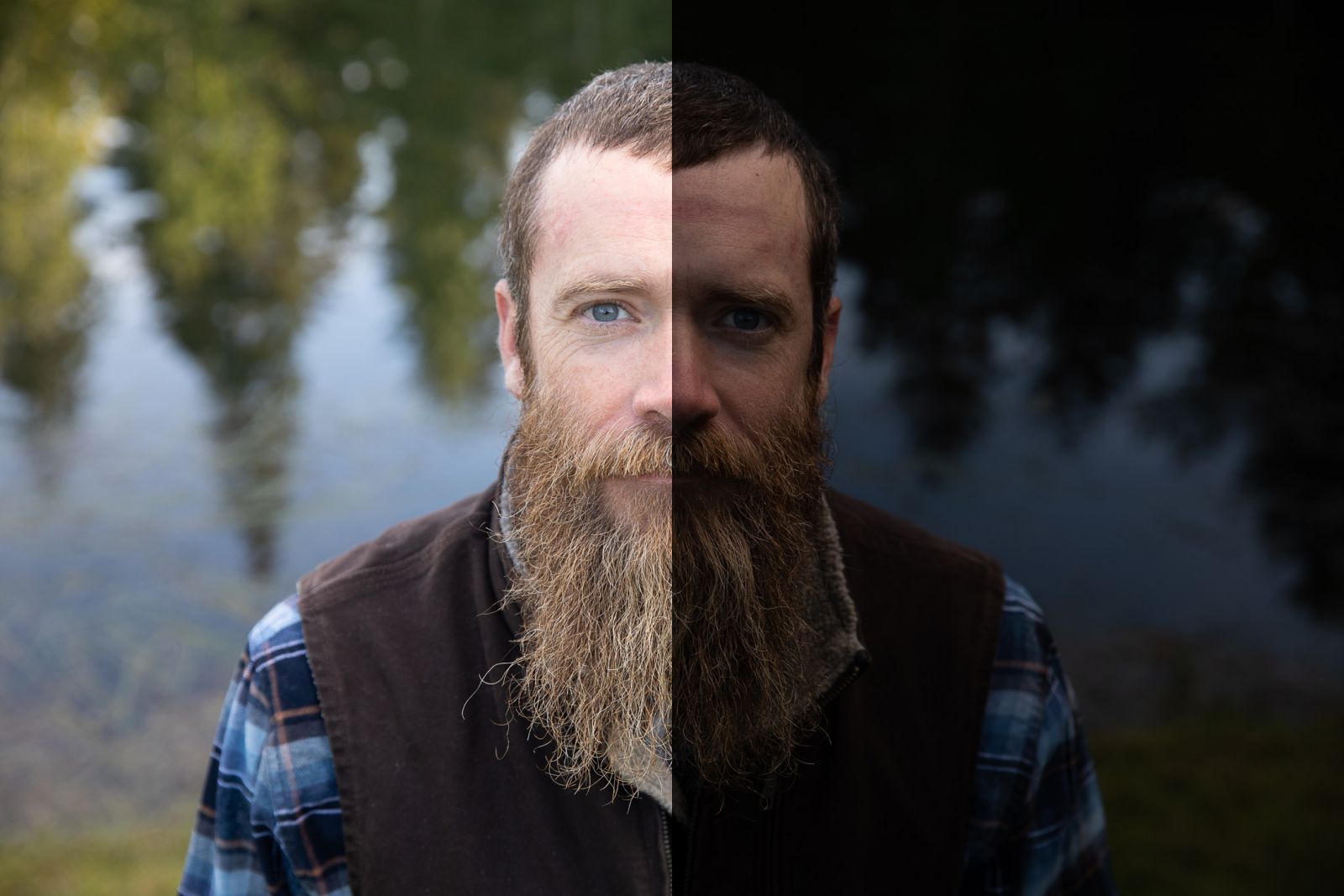 Before and after pulling down exposure for dramatic outdoor flash portrait