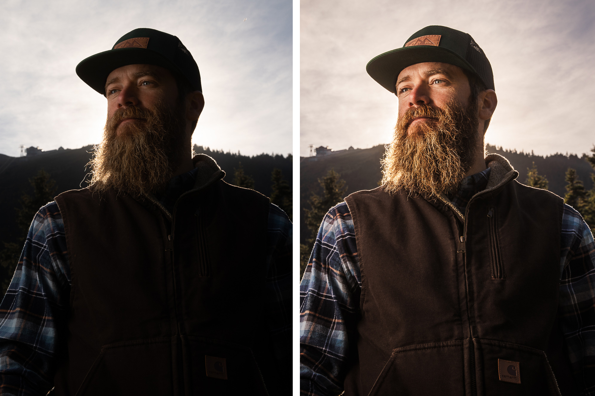 Before and after adding flash for dramatic outdoor hero portrait