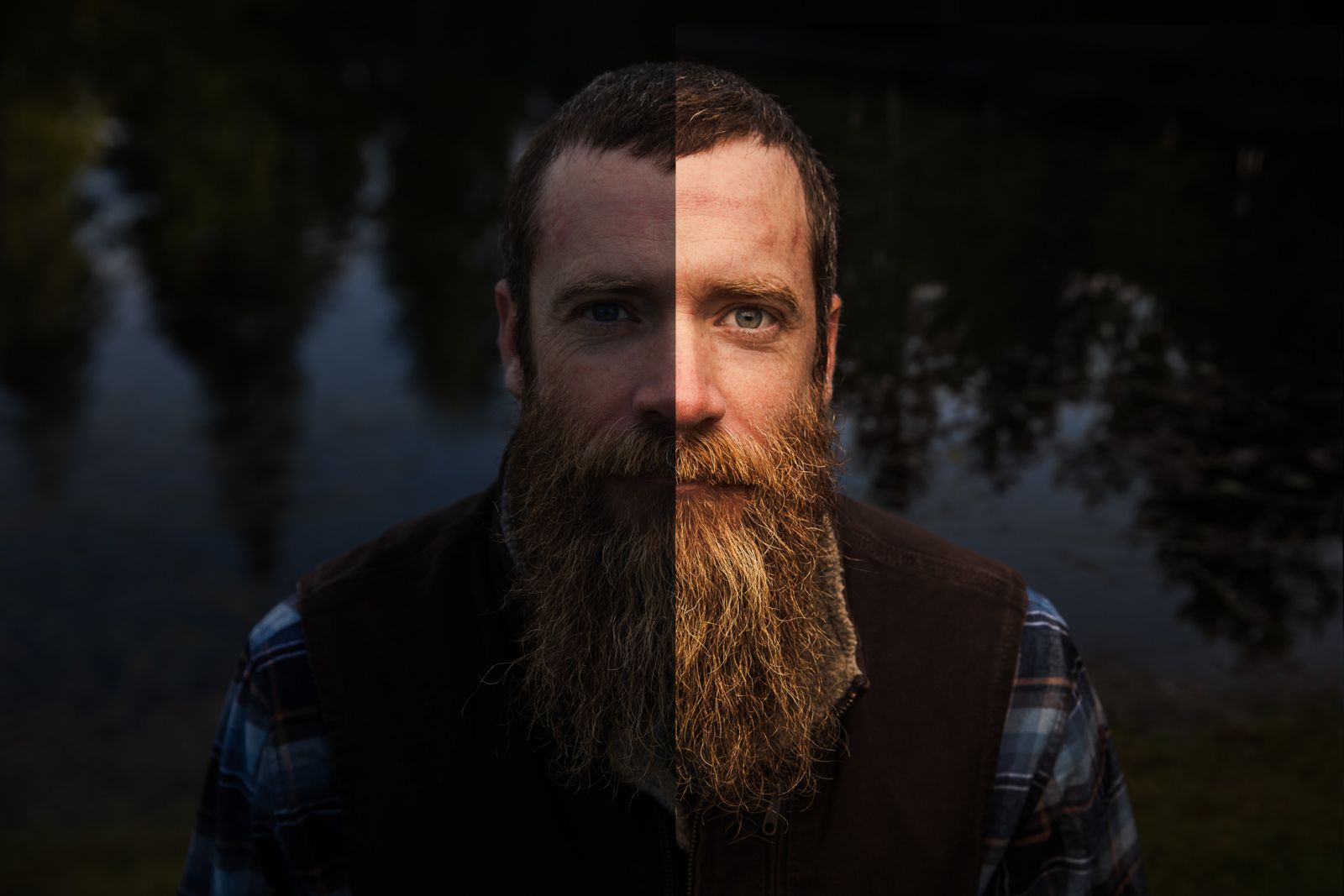 Before and after adding flash light for dramatic outdoor headshot