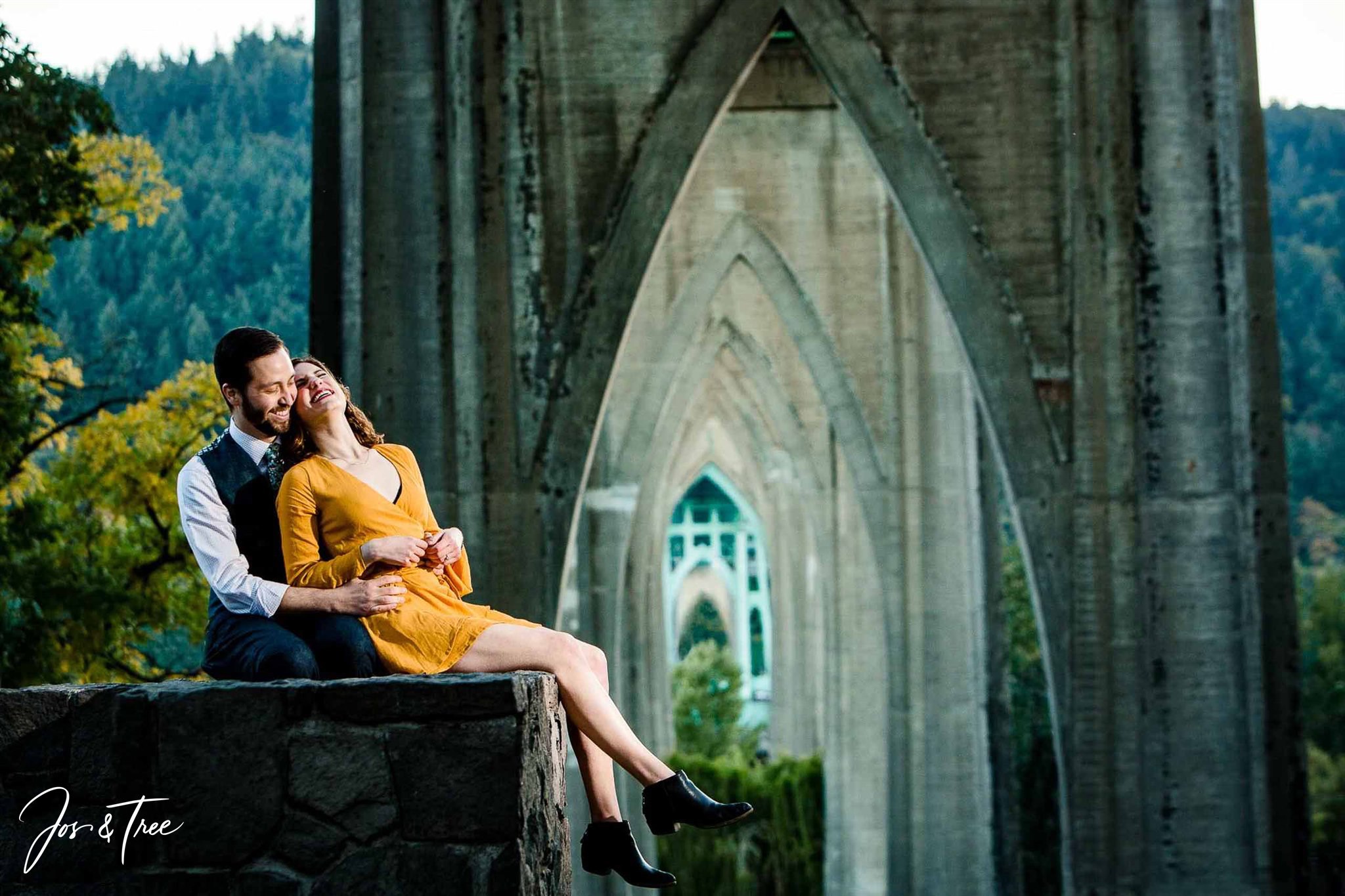 Couple in Cathedral Park in Portland, Oregon