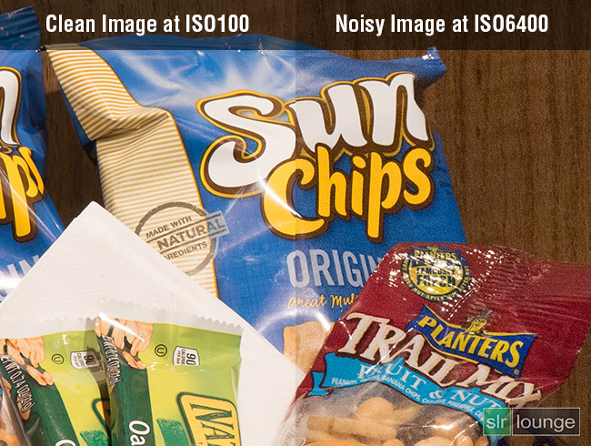 Side-by-side comparison of a clean low-ISO image versus a noisy high-ISO image showing the difference in grain