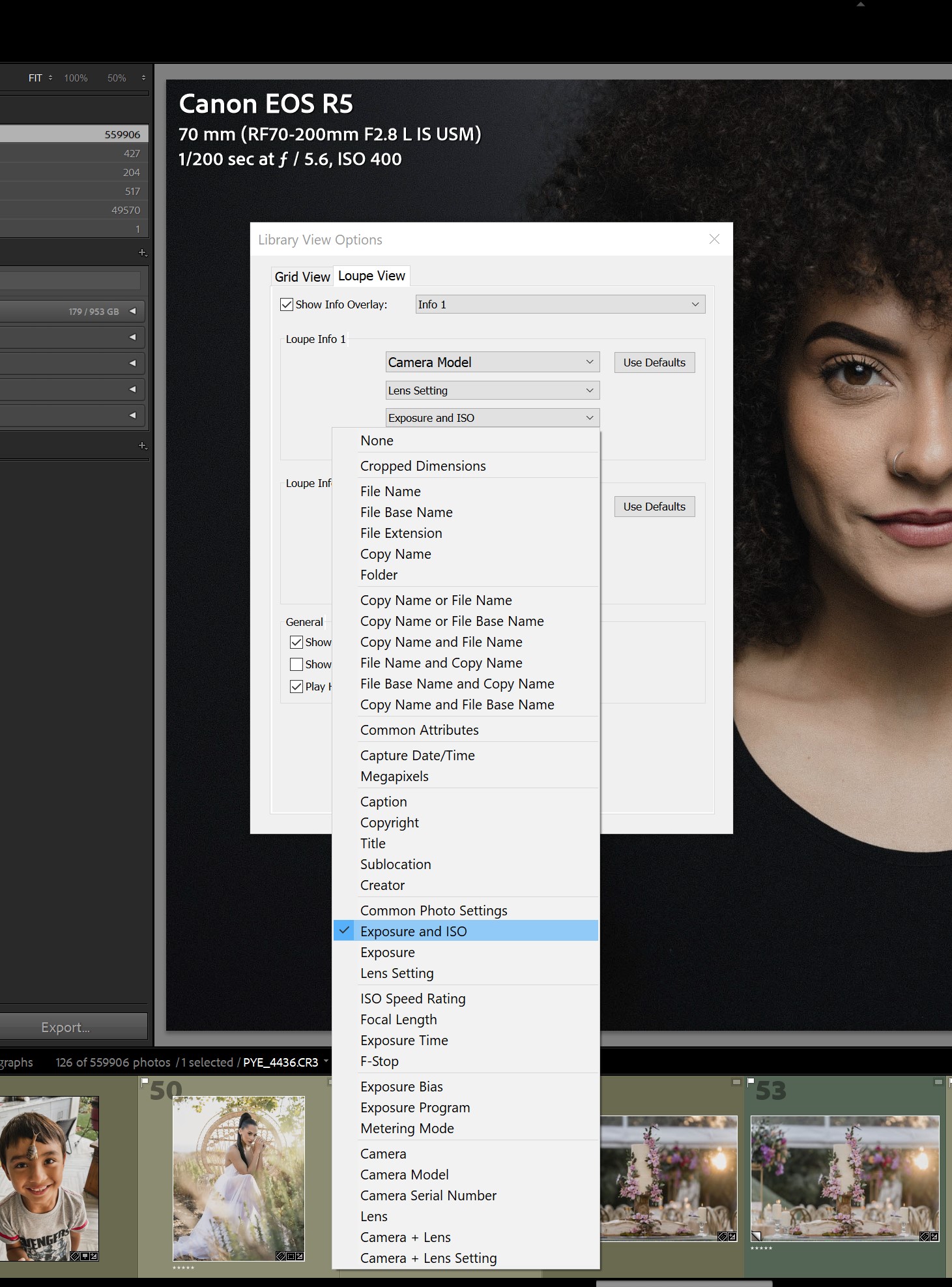 Lightroom Library View Options dialog showing the custom EXIF display settings for Grid view and Loupe view overlays