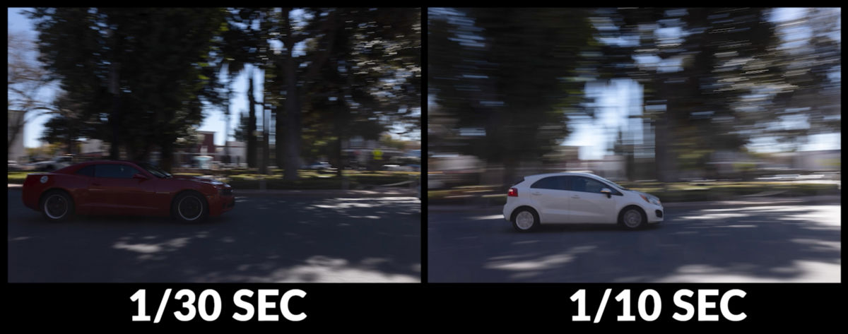 Side by side comparison showing the difference in motion blur between a 1/10 second and 1/30 second shutter speed when panning with a moving subject