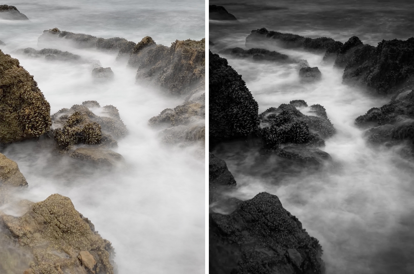 Before and after comparison of a long exposure phone photograph showing the improvement achievable when you understand your camera settings through EXIF review