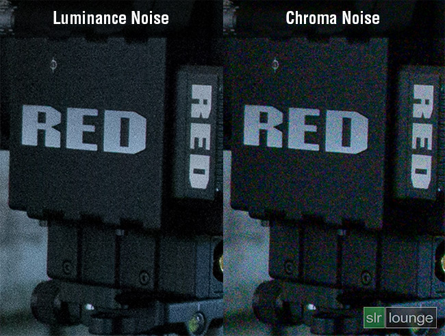 Comparison image showing the visual difference between luminance noise and chroma noise in a high-ISO photograph