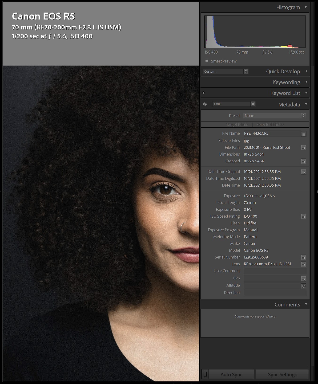 Lightroom EXIF data panel showing detailed metadata including camera body lens model focal length exposure settings and file information