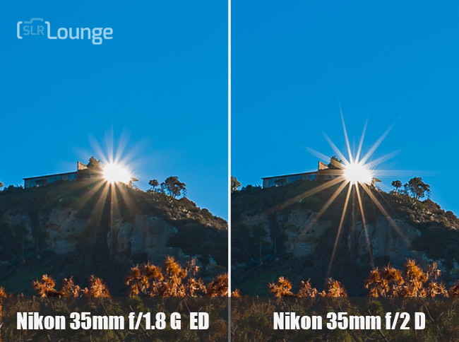 Side-by-side comparison of sunstar patterns from two different 35mm lenses at the same focal length and aperture