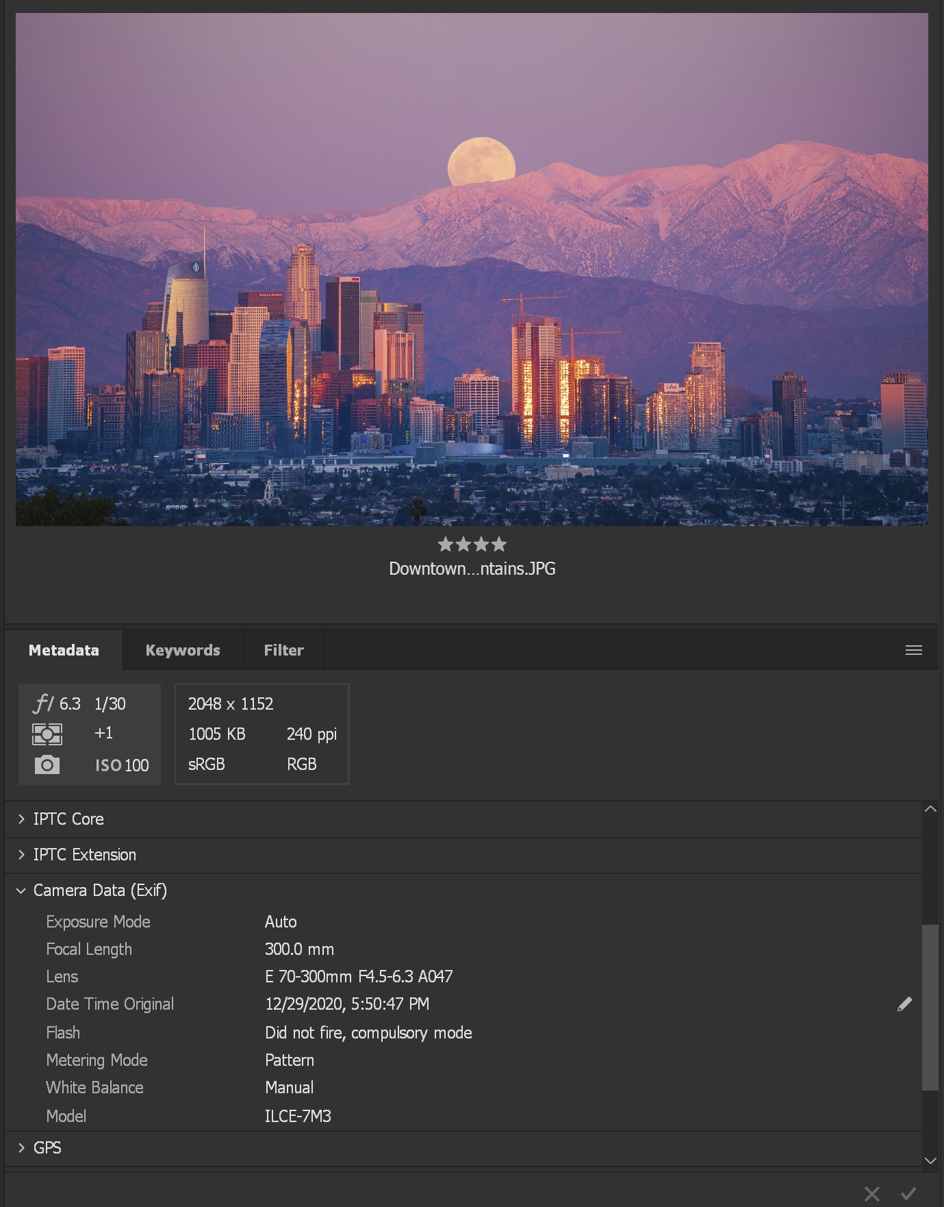 Adobe Bridge and Camera Raw showing GPS location data date and time embedded in EXIF for a travel photograph showing how images can be mapped to specific locations