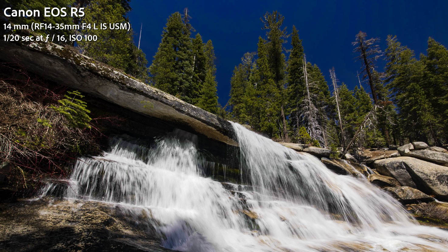 Waterfall outdoor photograph with EXIF data panel showing camera and lens settings demonstrating the type of information embedded in every digital image file